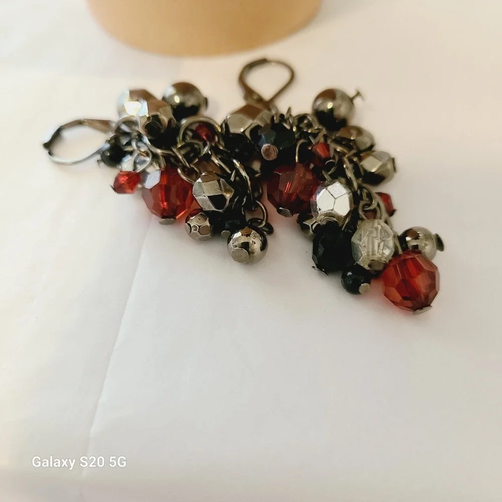 Dangle‎ Drop Bead Earrings Silver Red Black Cluster Party Jewelry